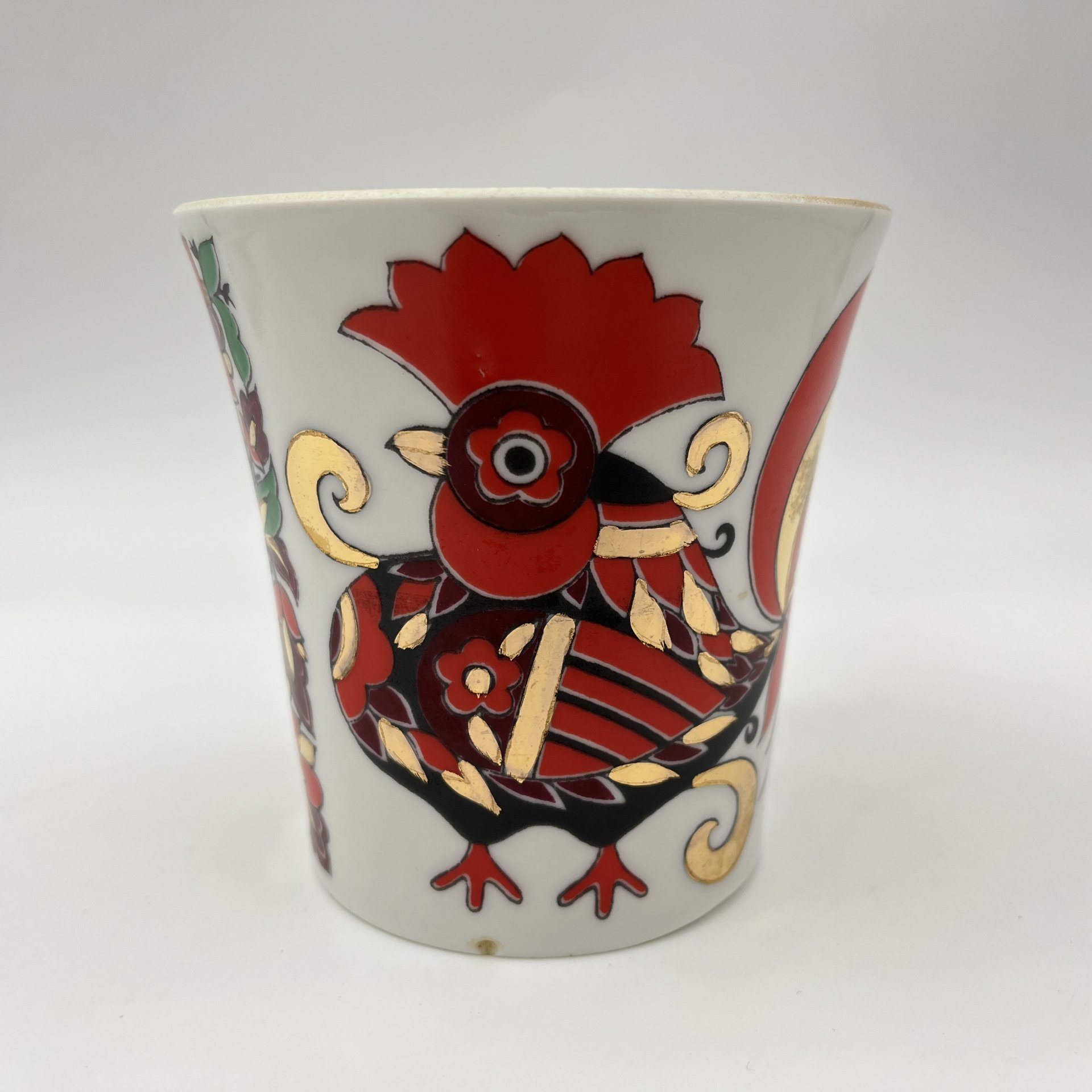 Бокал чайный "Красный петух", автор рисунка А.В. Воробьевский (форма "Ленинградский"), фарфор, деколь, золочение, Ленинградский фарфоровый завод (ЛФЗ), СССР, 1970-1991 гг.