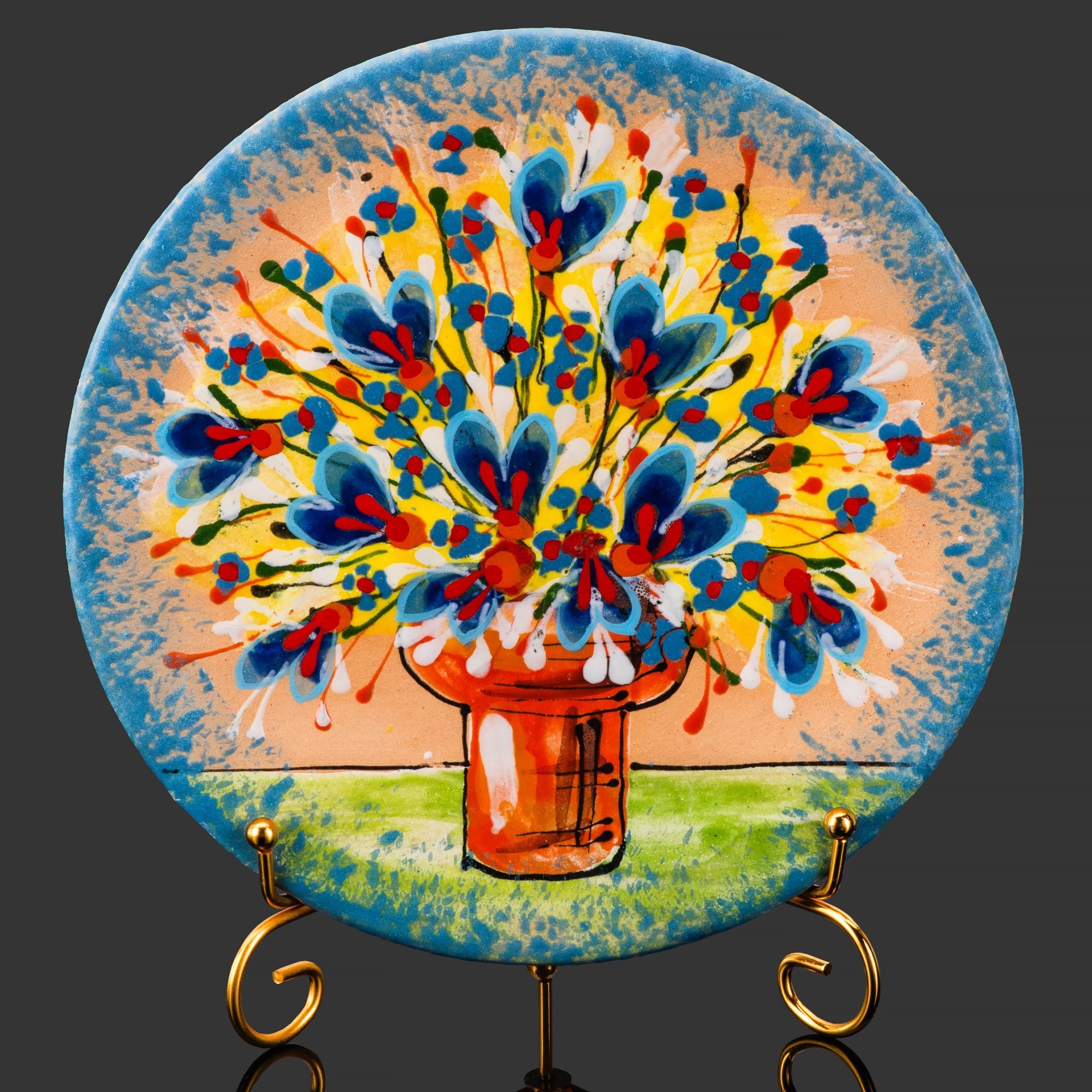 Тарелка настенная "Букет цветов в вазе", автор З. Бойко, г. Львов, керамика, роспись, поливы, СССР, 1970-1990 гг.