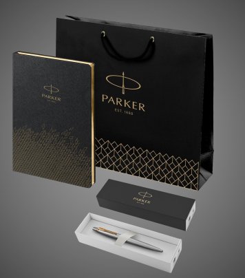 Подарочный набор: Шариковая ручка Parker Jotter Essential, St. Steel GT и Ежедневник недатированный, черный, Металлы: нержавеющая сталь, позолота, позолота