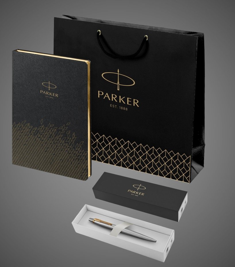 Подарочный набор: Шариковая ручка Parker Jotter Essential, St. Steel GT и Ежедневник недатированный, черный, Металлы: нержавеющая сталь, позолота, позолота