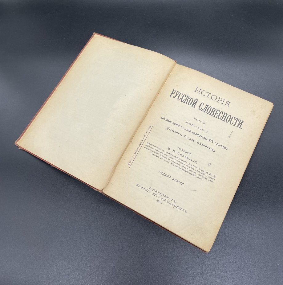Книга В.В. Сиповский, "История русской словесности" (Пушкин, Гоголь, Белинский) Издание Бр. Башмаковых