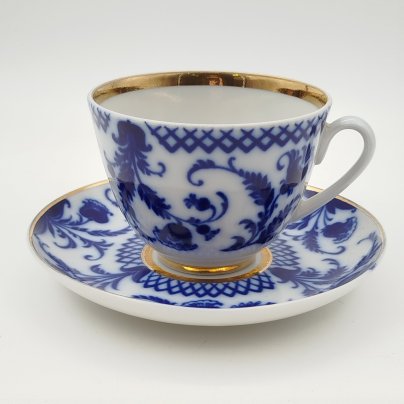 Пара чайная "Синие цветы", фарфор, деколь, золочение, Ленинградский фарфоровый завод (ЛФЗ), СССР, 1970-1986 гг.