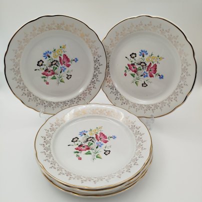 Набор тарелок на 6 персон с цветочным декором, фаянс, деколь, золочение, Sarreguemines, Франция, 1920-1950 гг.