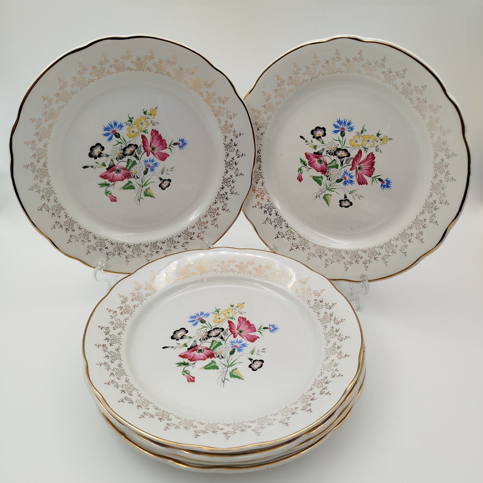 Набор тарелок на 6 персон с цветочным декором, фаянс, деколь, золочение, Sarreguemines, Франция, 1920-1950 гг.