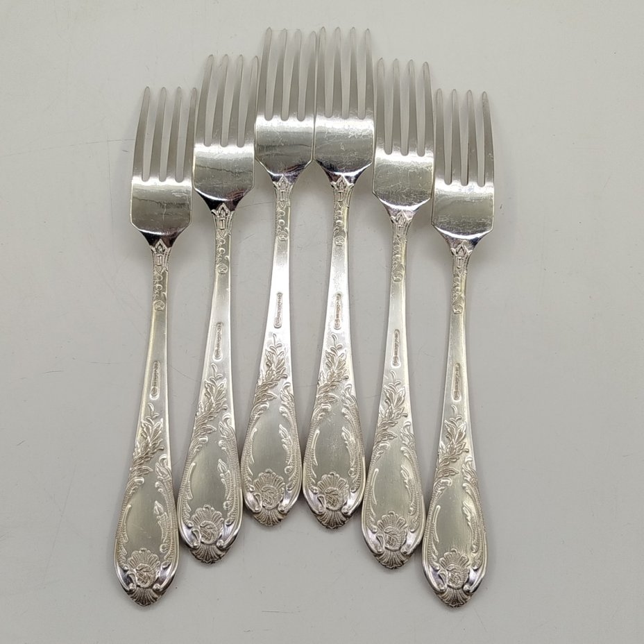Набор вилок с растительным декором на 6 персон, мНЦ (медь-никель-цинк), Вольнянский завод столовых приборов им. Шевченко (ЗiШ, ЗиШ), СССР, 1960-1990 гг.