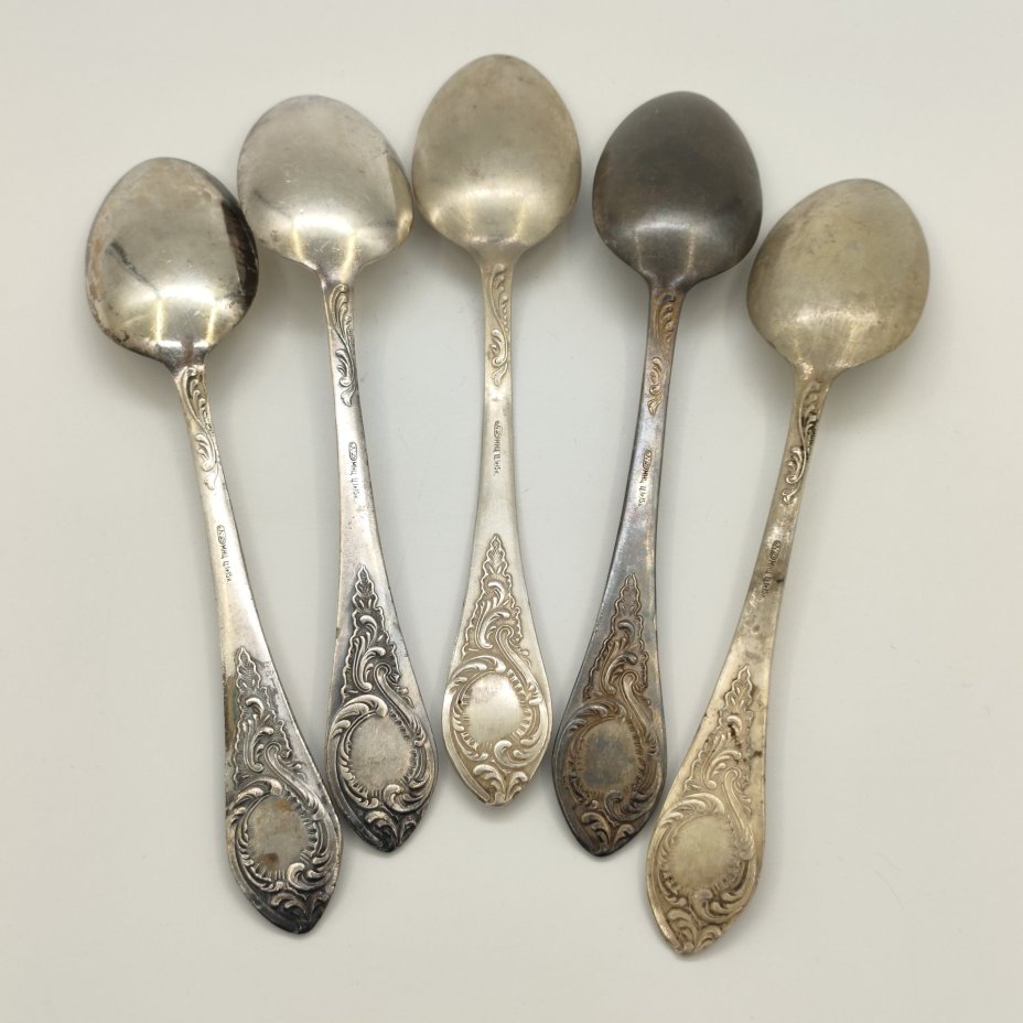 Набор из 5-ти столовых ложек, украшенных растительным декором, мНЦ (медь-никель-цинк), Киевский завод столовых приборов и посуды им. Дзержинского (ЗiД, ЗиД), СССР, 1960-1970 гг.