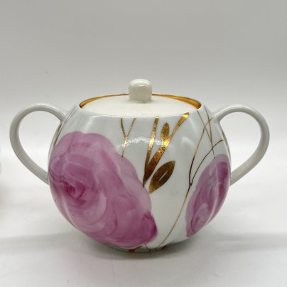 Сахарница "Розы" с расписным декором (крышка подбор!), фарфор, роспись, золочение, Дулевский фарфоровый завод (Дулёво), СССР, 1970-1991 гг.