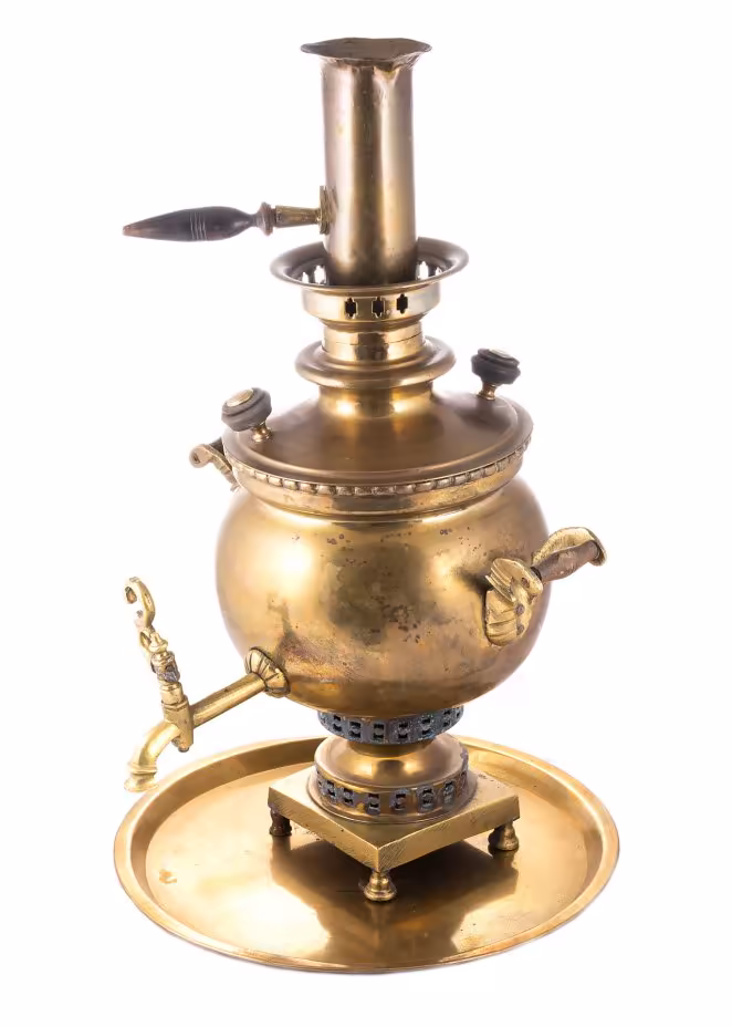 Самовар "шар" на 3,5 литра с подносом, латунь, дерево, Российская Империя, 1880-1917 гг.