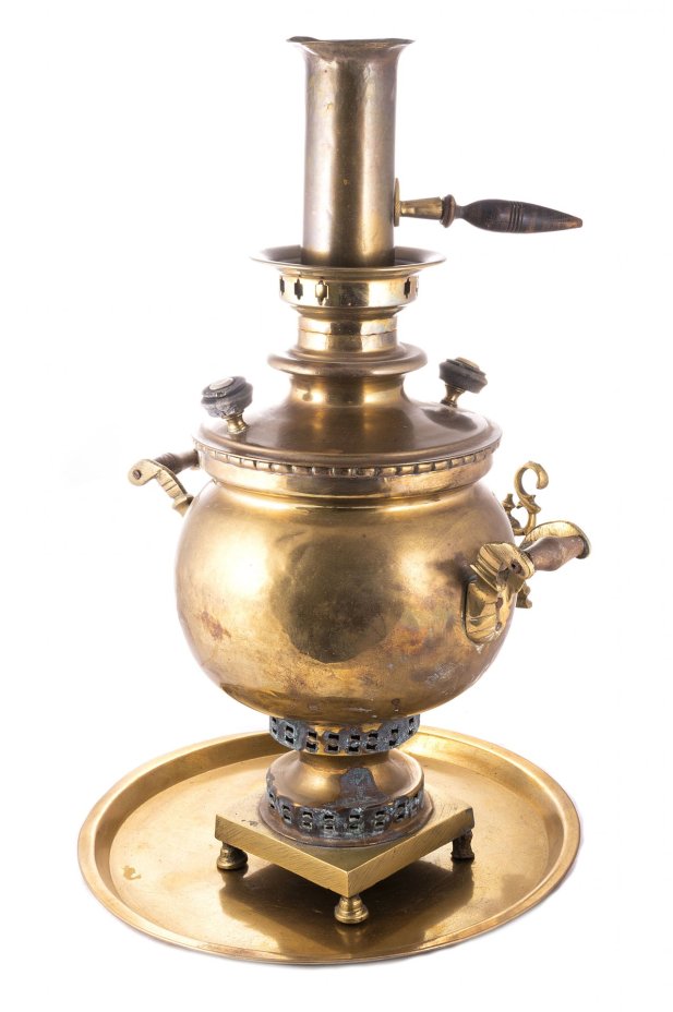 Самовар "шар" на 3,5 литра с подносом, латунь, дерево, Российская Империя, 1880-1917 гг.