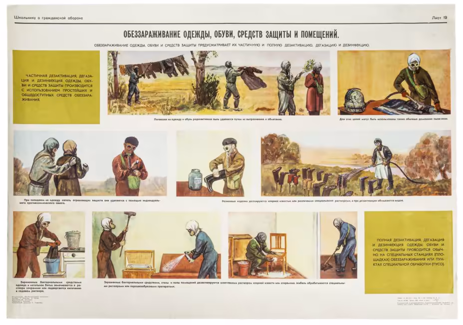 Плакат "Обеззараживание одежды, обуви, средств защиты и помещений", изд. "Изобразительное искусство", СССР, 1970 г., Издательство «Изобразительное искусство»
