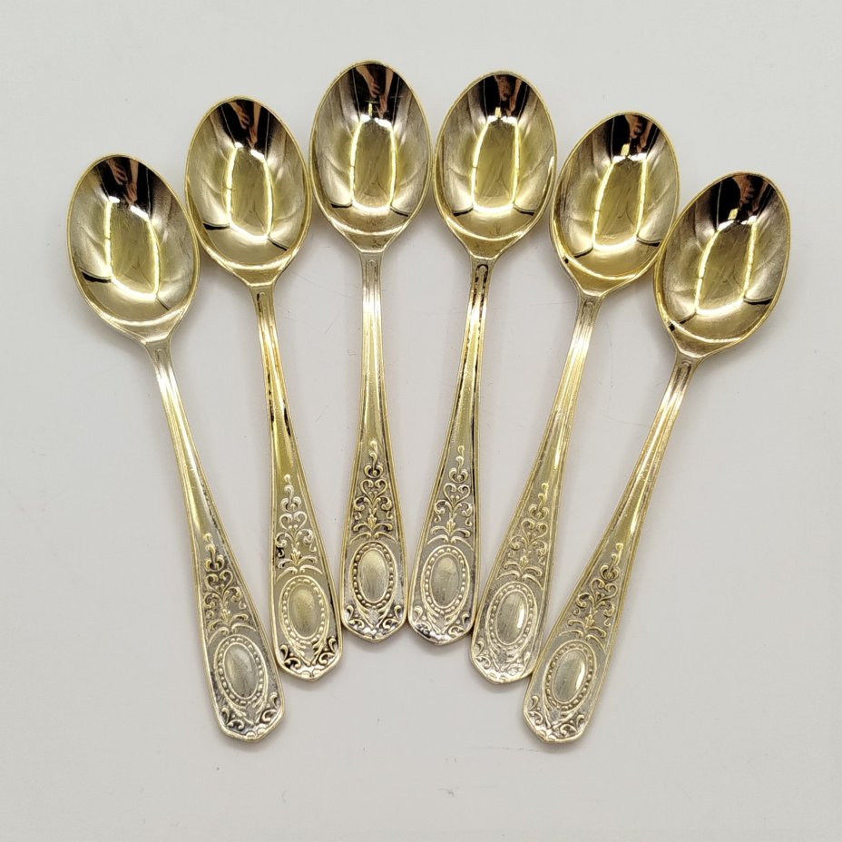 Набор из 6-ти кофейных ложек с растительным декором, мНЦ (медь-никель-цинк), золочение, Кольчугинский завод цветных металлов, СССР, 1960-1990 гг.