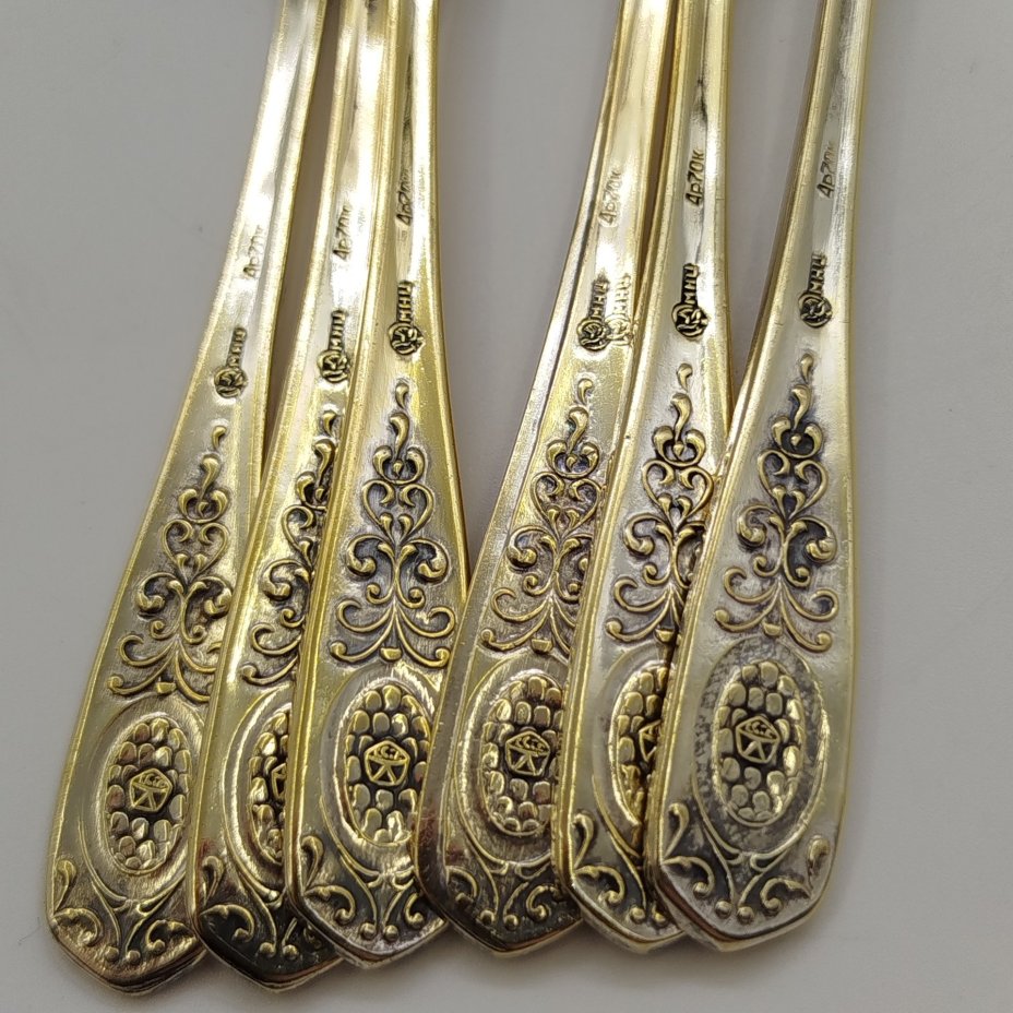 Набор из 6-ти кофейных ложек с растительным декором, мНЦ (медь-никель-цинк), золочение, Кольчугинский завод цветных металлов, СССР, 1960-1990 гг.