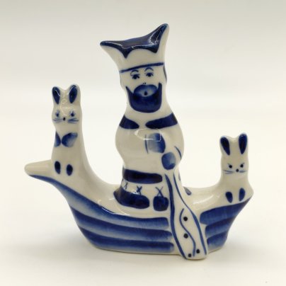 Статуэтка "Дед Мазай и зайцы", авт. Г. В. Денисов, Гжель, фарфор, роспись, Россия, 1990-2015 гг.