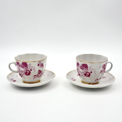 Набор из 2-х кофейных пар с декором в видео цветов, фарфор, деколь, золочение, Ленинградский фарфоровый завод (ЛФЗ), СССР, 1970-1986 гг.