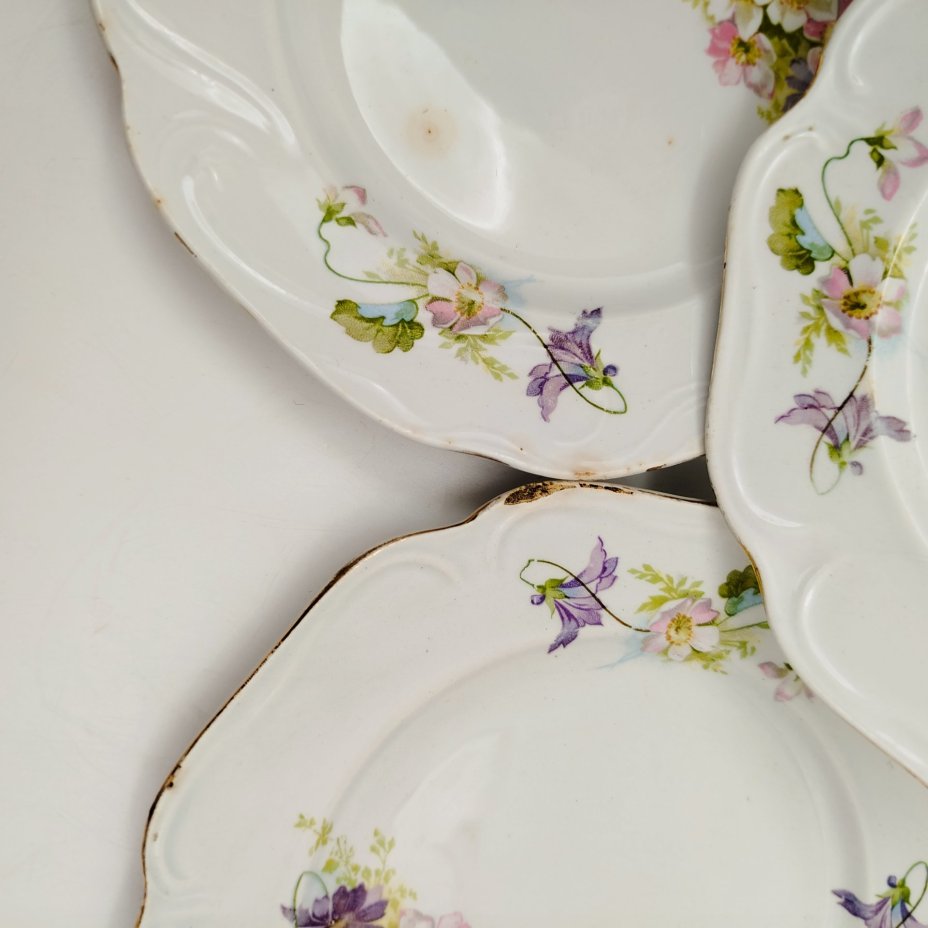 Набор из шести пирожковых тарелок с цветочным декором, фаянс, деколь, золочение, Товарищество М.С. Кузнецова, Российская империя, 1889-1917 гг.