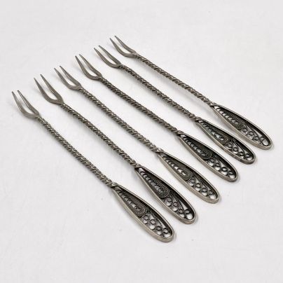 Набор из шести вилок для лимона, мельхиор (медь-никель), скань, СССР, 1970-1990 гг.