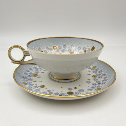 Пара чайная с нежным цветочным декором в голубой гамме, фарфор, деколь, золочение, Wallendorf, ГДР, 1963-1990 гг.