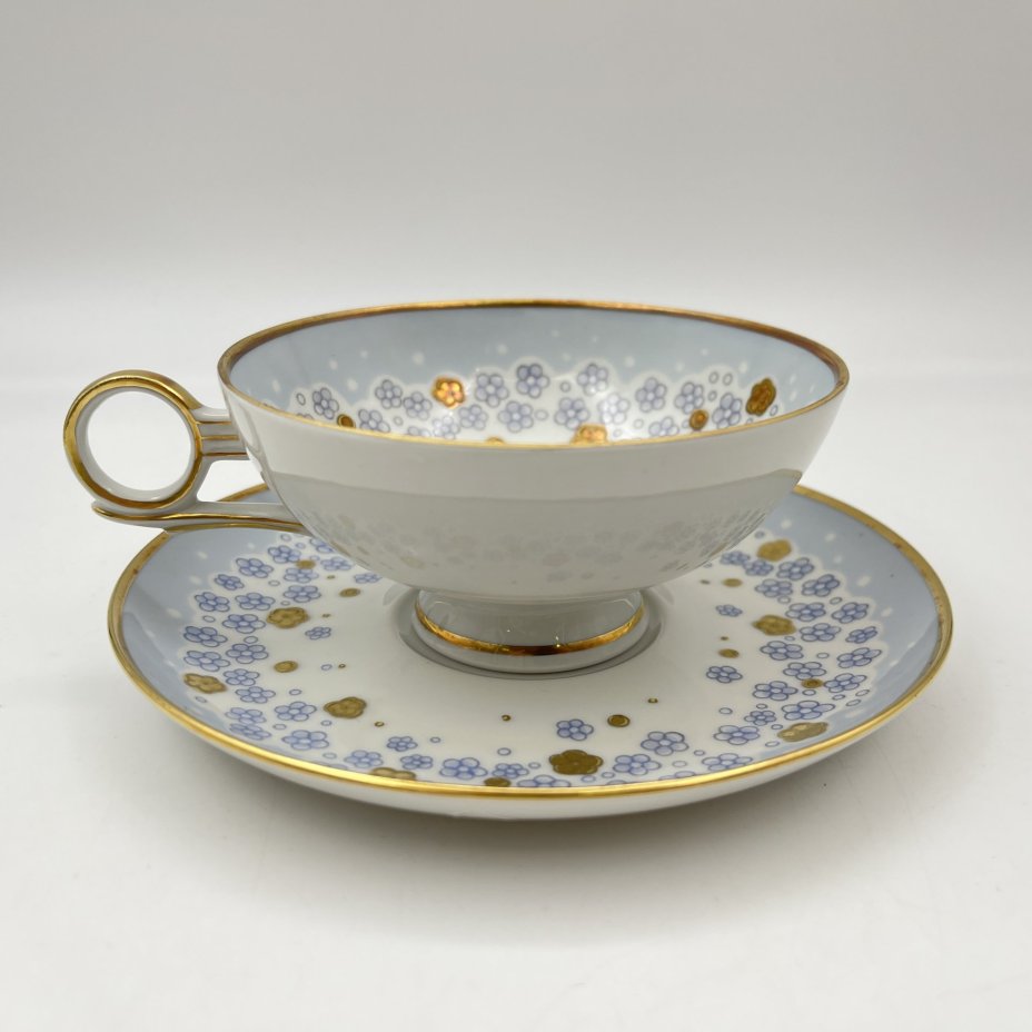 Пара чайная с нежным цветочным декором в голубой гамме, фарфор, деколь, золочение, Wallendorf, ГДР, 1963-1990 гг.