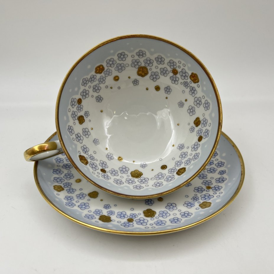 Пара чайная с нежным цветочным декором в голубой гамме, фарфор, деколь, золочение, Wallendorf, ГДР, 1963-1990 гг.