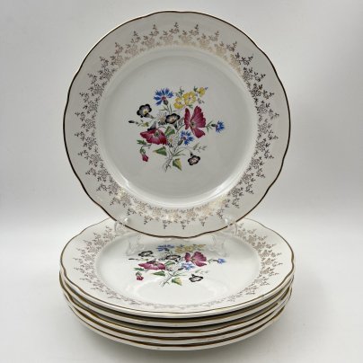 Набор тарелок на 6 персон с цветочным декором, фаянс, деколь, золочение, Sarreguemines, Франция, 1920-1950 гг.