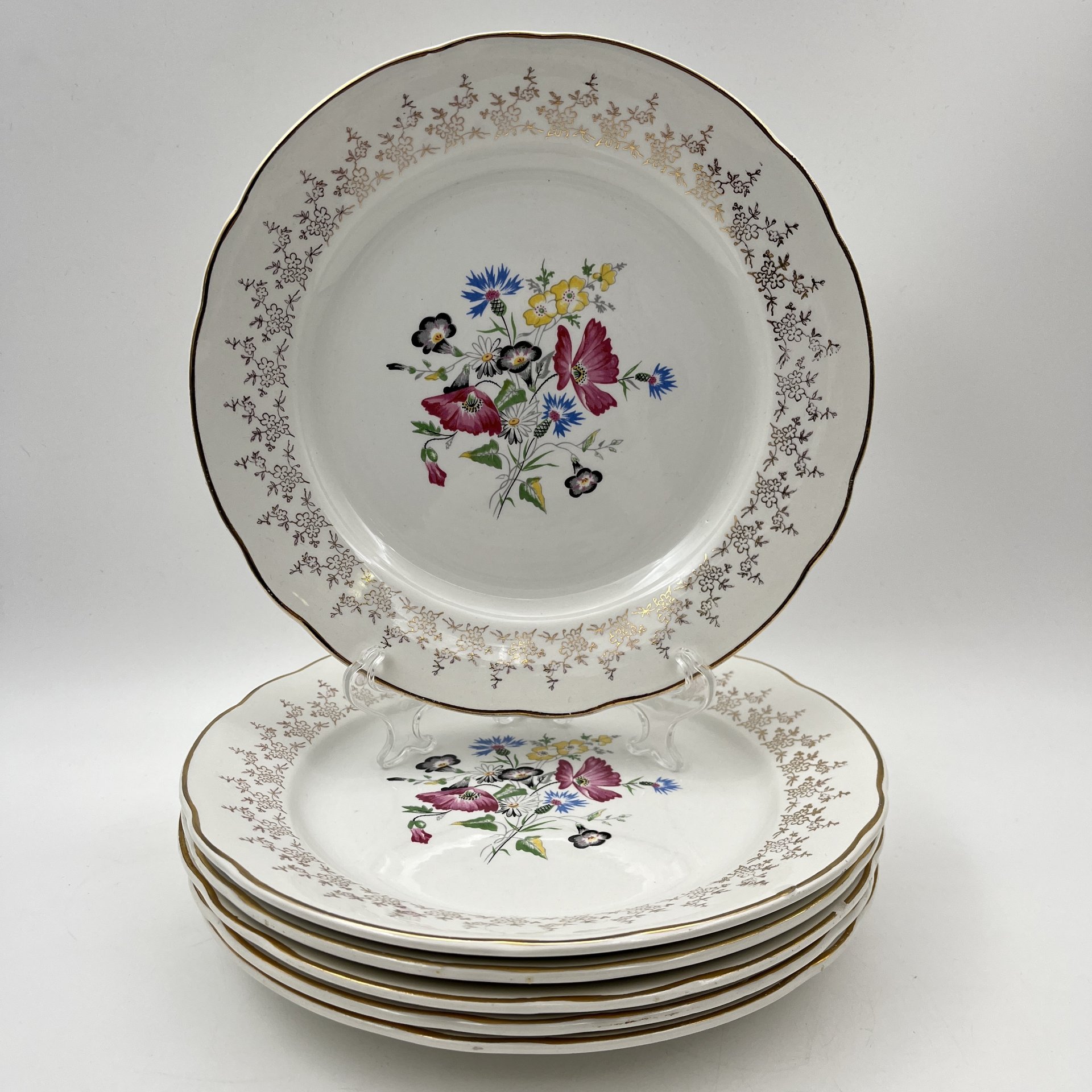 Набор тарелок на 6 персон с цветочным декором, фаянс, деколь, золочение, Sarreguemines, Франция, 1920-1950 гг.