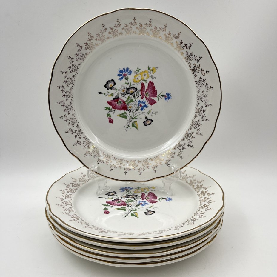 Набор тарелок на 6 персон с цветочным декором, фаянс, деколь, золочение, Sarreguemines, Франция, 1920-1950 гг.