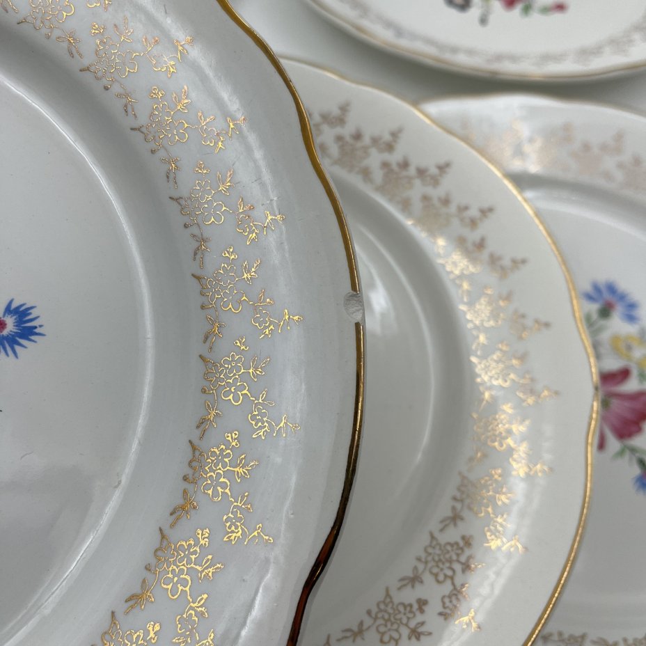 Набор тарелок на 6 персон с цветочным декором, фаянс, деколь, золочение, Sarreguemines, Франция, 1920-1950 гг.