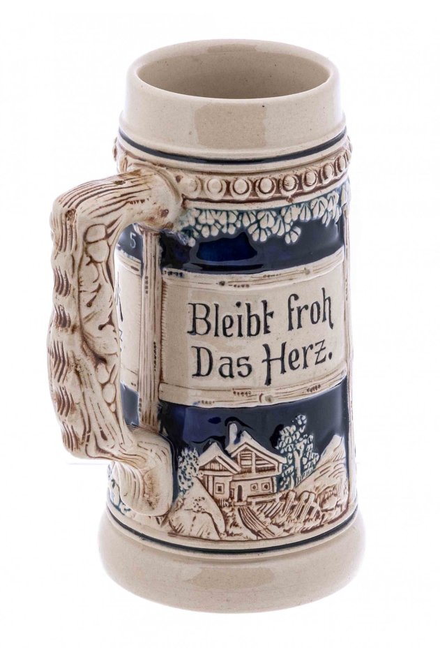 Кружка пивная с рельефным декором "Bei Trunk Und Scherz Bleibt froh Das Herz", 0,5 л., фаянс, роспись, Германия, 1970-1990 гг.
