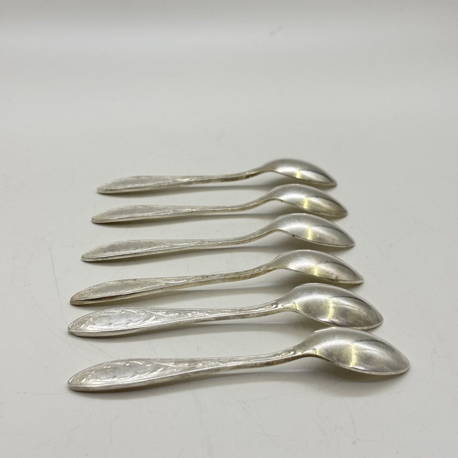 Набор кофейных ложек с растительным декором на 6 персон, мНЦ (медь-никель-цинк), Кольчугинский завод цветных металлов, СССР, 1960-1980 гг.