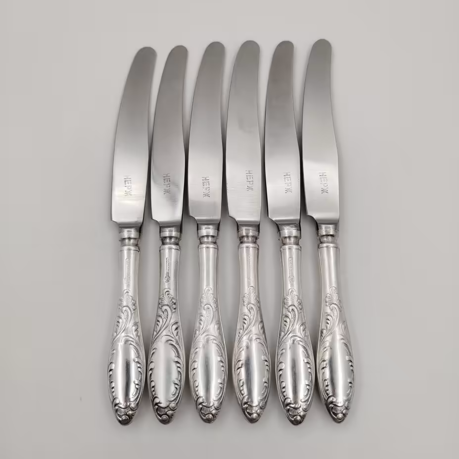 Набор из шести десертных ножей "Пламя", мНЦ (медь-никель-цинк), нержавеющая сталь, Кольчугинский завод цветных металлов, СССР, 1960-1990 гг., Кольчугинский завод цветных металлов