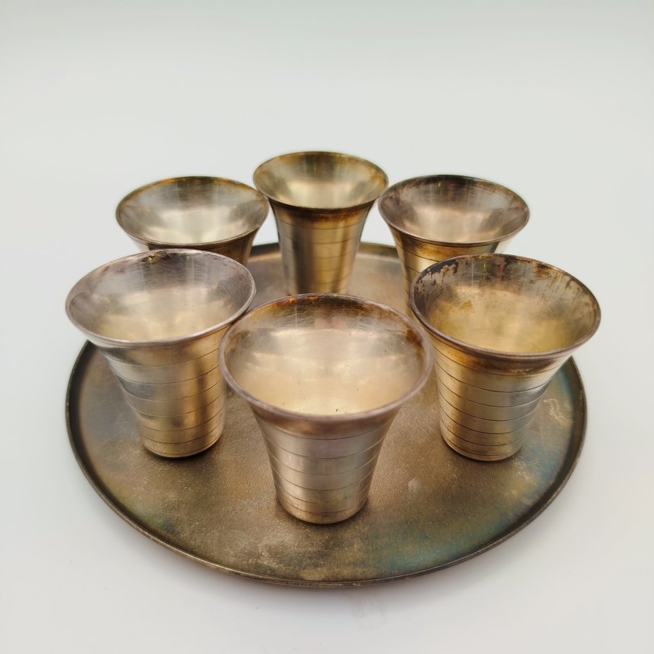 Набор для крепких напитков из 6 стопок и подноса, мельхиор (медь-никель), СССР, 1970-1990 гг.