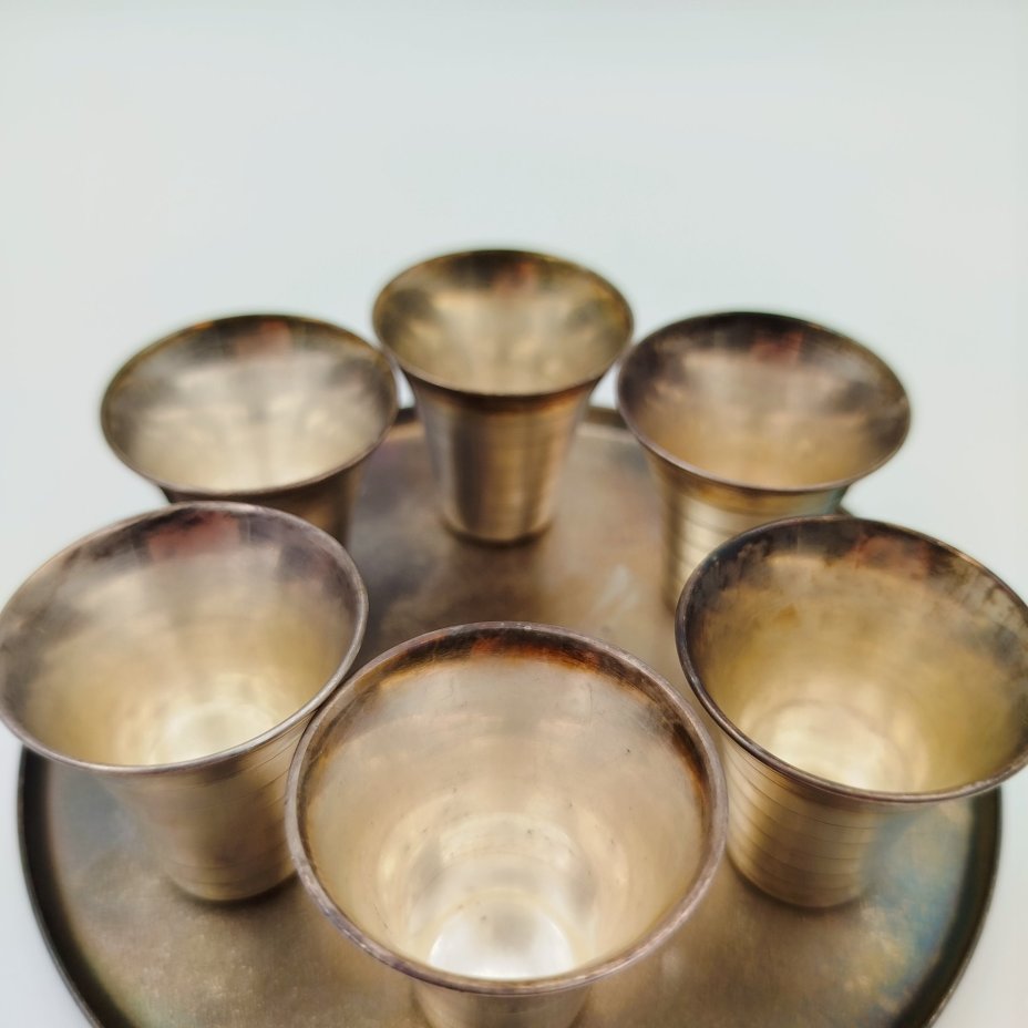 Набор для крепких напитков из 6 стопок и подноса, мельхиор (медь-никель), СССР, 1970-1990 гг.