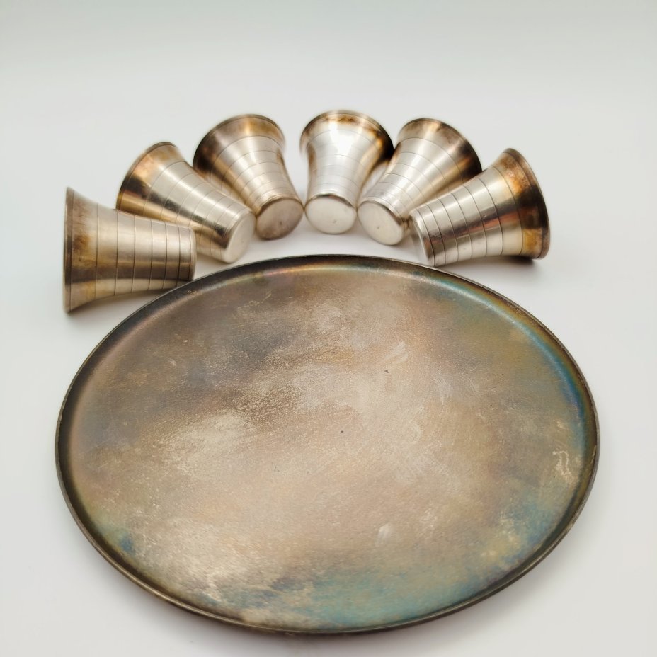 Набор для крепких напитков из 6 стопок и подноса, мельхиор (медь-никель), СССР, 1970-1990 гг.