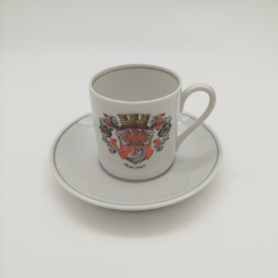 Кофейная пара сувенирная, украшенная гербом города Prenzlau, фарфор, деколь с подрисовкой, обводка, Kahla, ГДР, 1950-1960 гг.