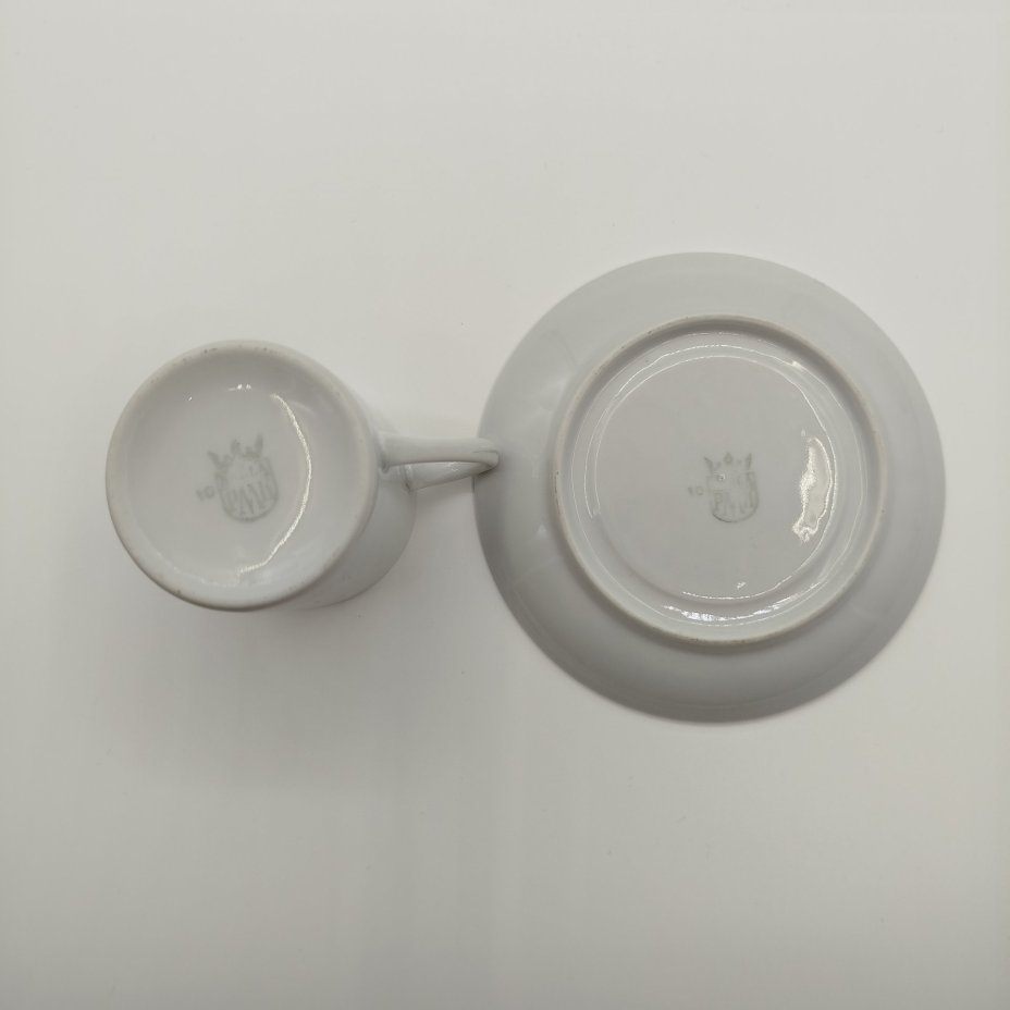 Кофейная пара сувенирная, украшенная гербом города Prenzlau, фарфор, деколь с подрисовкой, обводка, Kahla, ГДР, 1950-1960 гг.