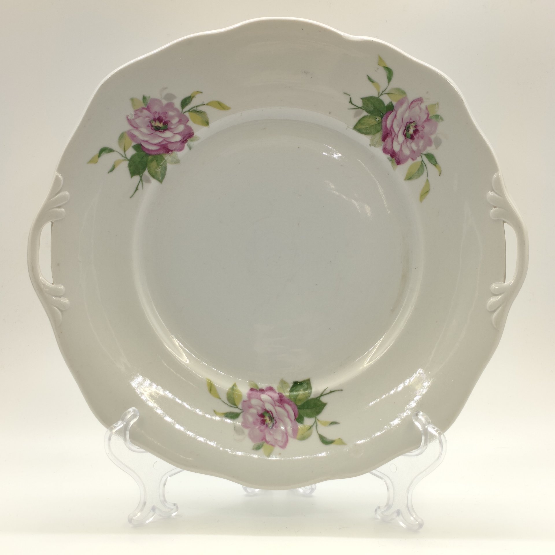 Блюдо сервировочное с двумя ручками и цветочным декором, фарфор, деколь, Дулевский фарфоровый завод (Дулёво), СССР, 1960 г.