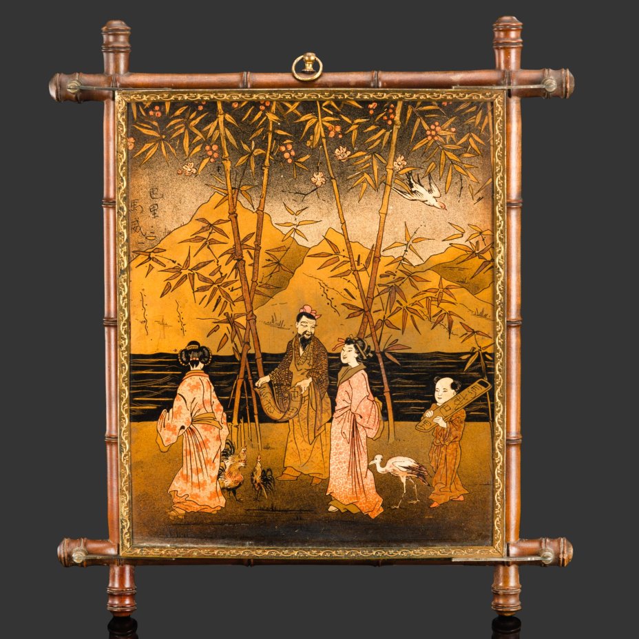 Зеркало подвесное трехстворчатое в стиле ар-нуво (модерн), оформленное в раму в виде бамбука и сценой прогулки красавиц-японок в саду со свитой, JBB TE SGDG