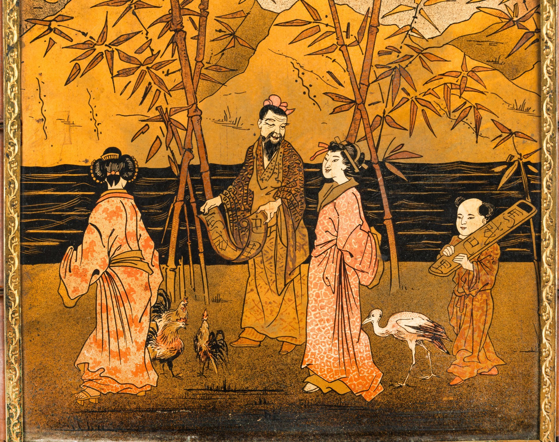 Зеркало подвесное трехстворчатое в стиле ар-нуво (модерн), оформленное в раму в виде бамбука и сценой прогулки красавиц-японок в саду со свитой, JBB TE SGDG