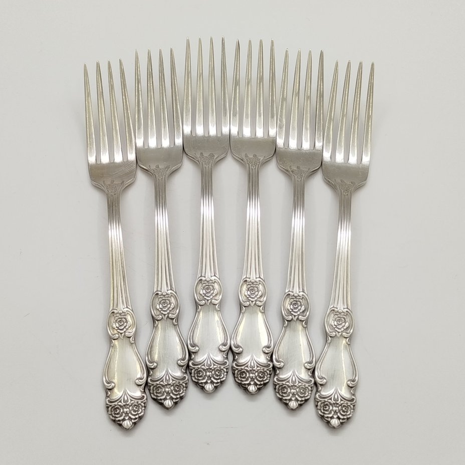Набор столовых вилок "Серебряная роза" на 6 персон, мНЦ (медь-никель-цинк), серебрение, Кольчугинский завод цветных металлов, СССР, 1962-1990 гг.