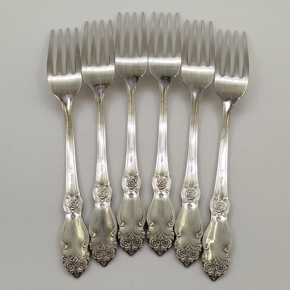 Набор столовых вилок "Серебряная роза" на 6 персон, мНЦ (медь-никель-цинк), серебрение, Кольчугинский завод цветных металлов, СССР, 1962-1990 гг.