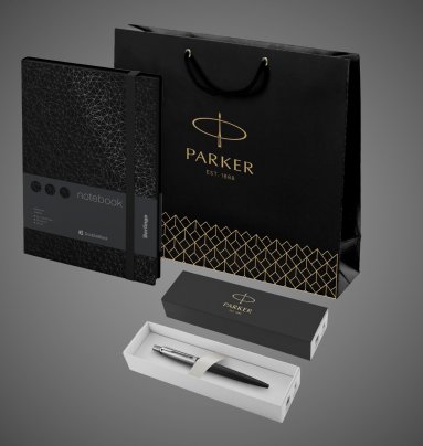 Подарочный набор: Шариковая ручка Parker Jotter Essential, Satin Black CT и Ежедневник недатированный, черный срез, черный., Лаки и смолы: лак, нержавеющая сталь