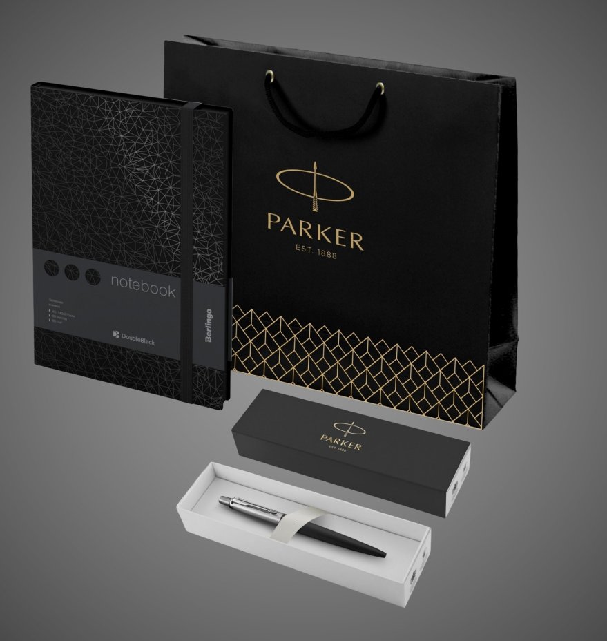 Подарочный набор: Шариковая ручка Parker Jotter Essential, Satin Black CT и Ежедневник недатированный, черный срез, черный., Лаки и смолы: лак, нержавеющая сталь