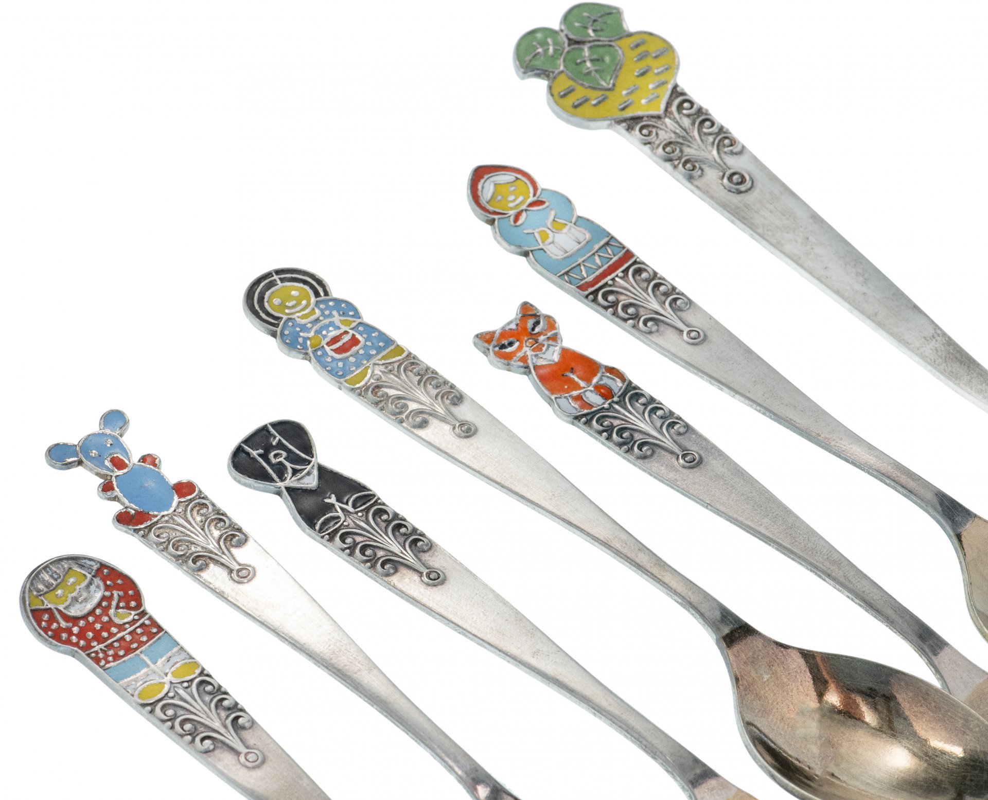 Набор сервировочный из 6 ложек и лопатки "Репка", мельхиор, эмаль, Красносельский ювелирный завод, СССР, 1970-1990 гг.