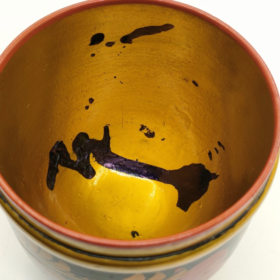 Набор из 3-х солонок и 3-х стаканов (баночек для хранения), украшенных ягодным декором,  Фабрика «Хохломский художник», дерево, роспись, лак, Хохломская роспись, СССР, 1970-1990 гг.