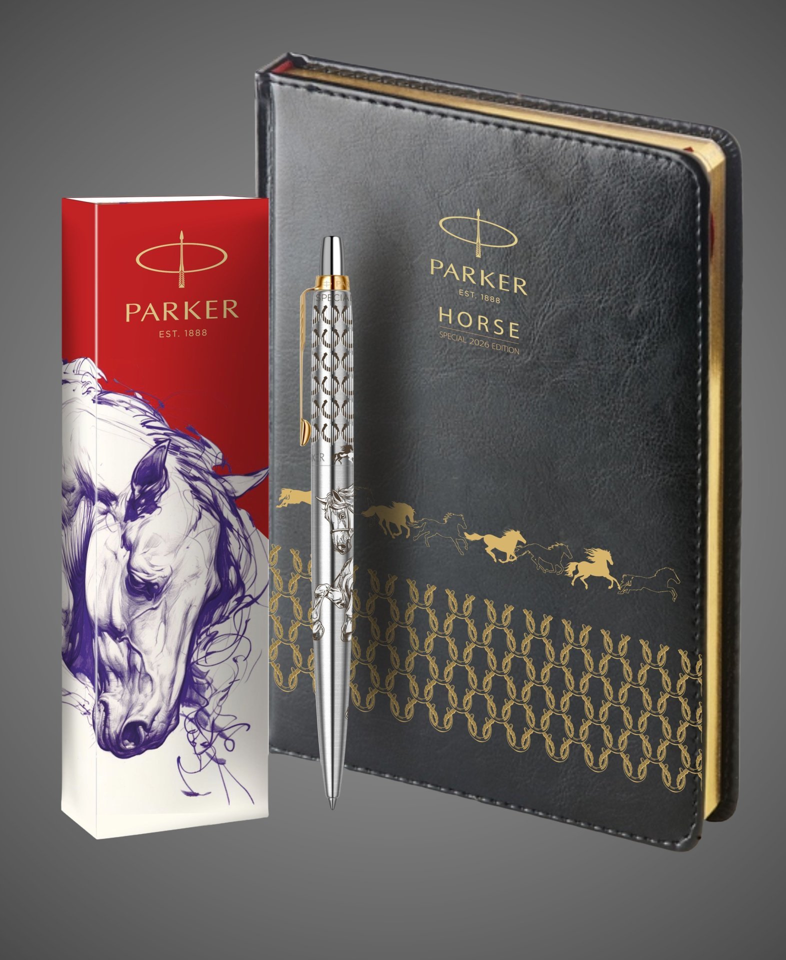 Подарочный набор: Шариковая ручка Parker Jotter Horse Special Edition в подарочной коробке и ежедневник недатированный черный с золотым срезом, Кожа и мех: искусственная кожа, нержавеющая сталь, позолота