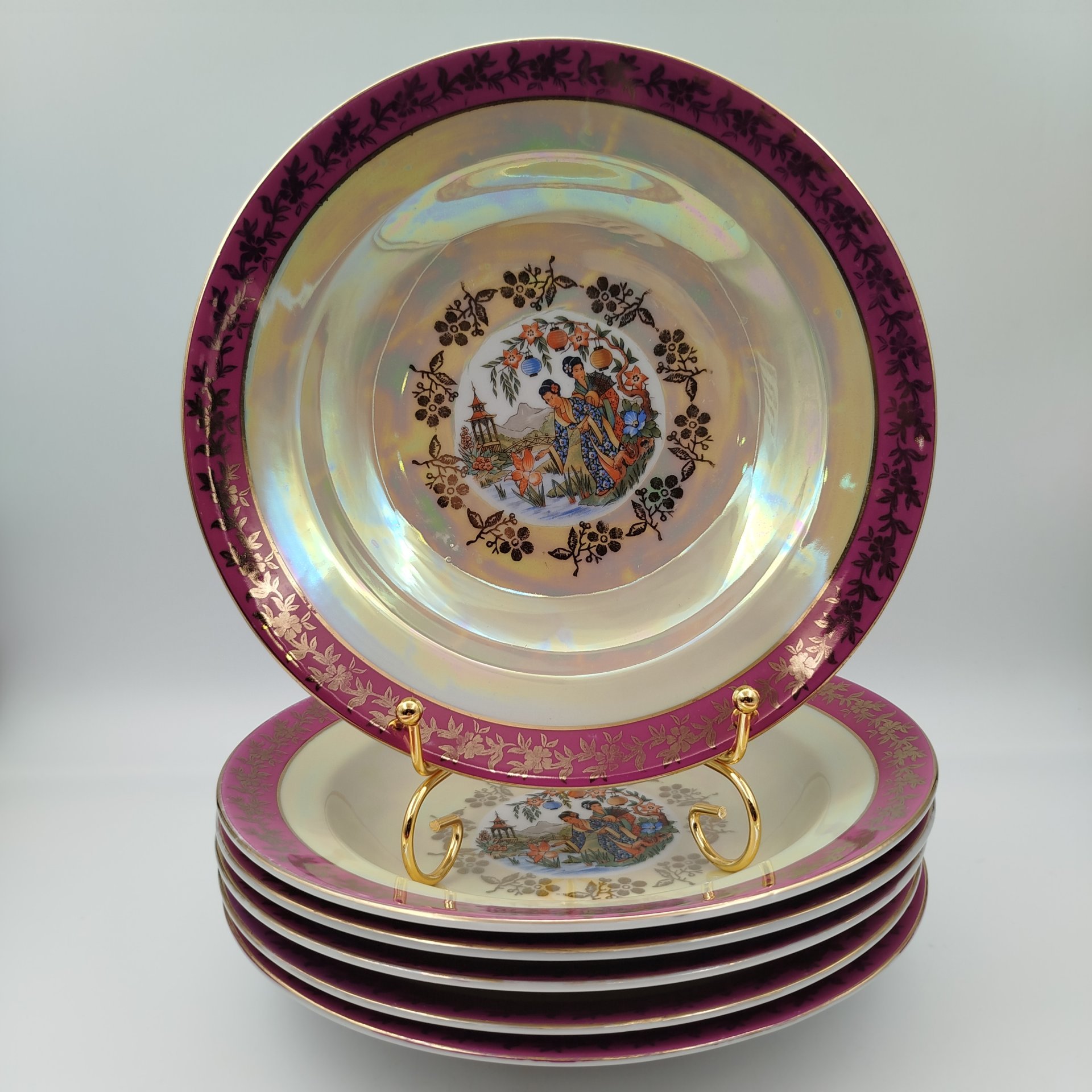 Набор суповых тарелок из сервиза "Гейша" на 6 персон, фарфор, люстр, деколь, золочение, Spezial Eisenberg Porzellan (SEP), ГДР, 1960-1980 гг.