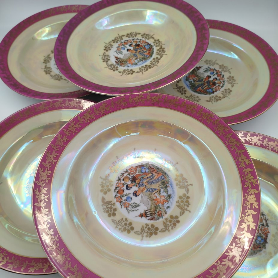 Набор суповых тарелок из сервиза "Гейша" на 6 персон, фарфор, люстр, деколь, золочение, Spezial Eisenberg Porzellan (SEP), ГДР, 1960-1980 гг.