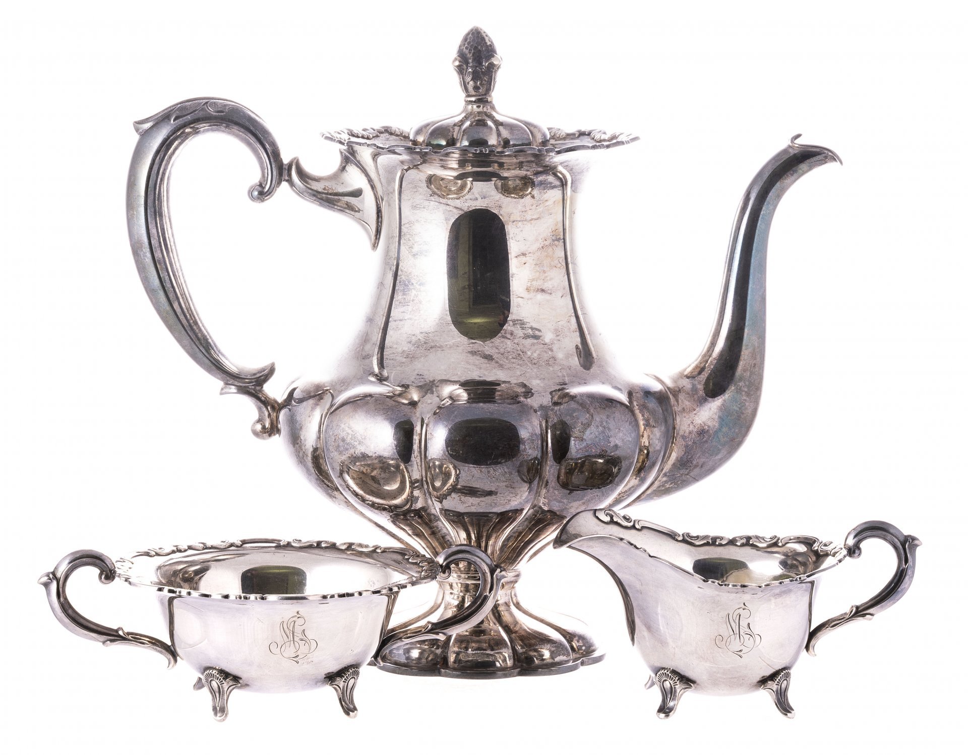 Набор чайно-кофейный из трех предметов, серебро 813 пр., золочение, мануфактура "Kultateollisuus", г. Турку, Финляндия, 1956 г.