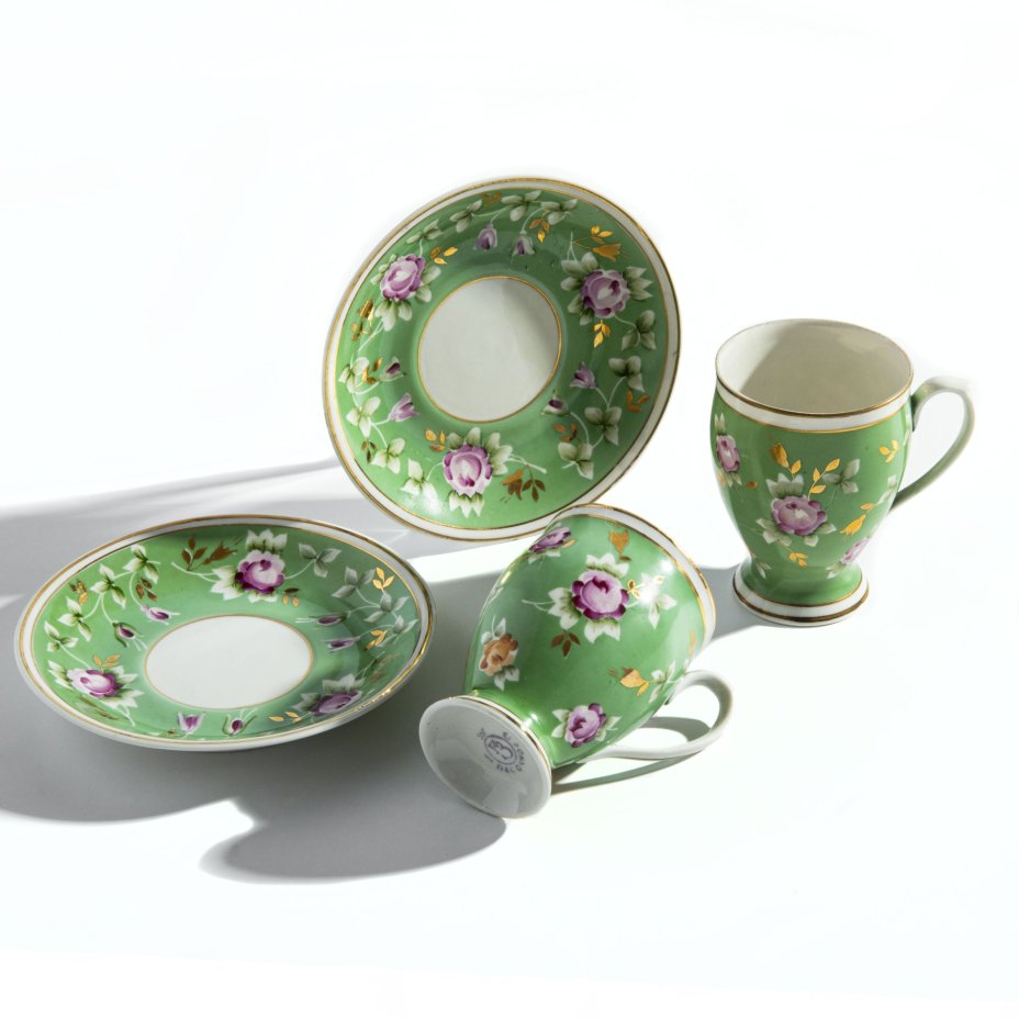 Набор из двух кофейных пар необычной формы с цветочным декором, Первомайский фарфоровый завод (Песочное)
