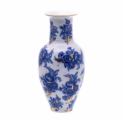 Интерьерная авторская ваза декорированная подглазурной цветочной росписью и золочением